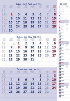 Kalendář nástěnný 2018 - 3měsíční/modrý s poznámkami a jmenným kalendáriem