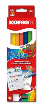 Kores Jumbo Starter Set - 6x trojhranné pastelky 5 mm + 1x Coach tužka + ořezávátko + guma