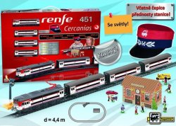 Příměstský vlak Renfe se stanicí a čepicí výpravčího