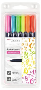 Tombow Štětcový fix Fudenosuke tvrdost 1 hard, sada 6 neonových barev