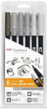 Tombow Sada oboustranných fixů ABT Dual Brush Pen – Gray colors 6 ks