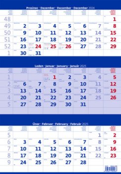 Tříměsíční kalendář modrý 2025 - nástěnný kalendář