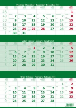 Tříměsíční kalendář zelený 2025 - nástěnný kalendář
